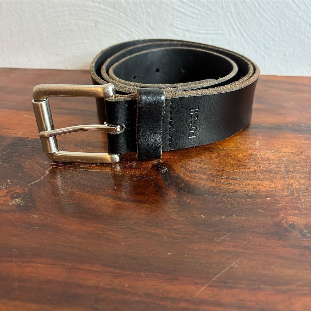 Fossil Men's Belt Black Leather Silver Buckle Size‎ 38 Casual Jeans Belt